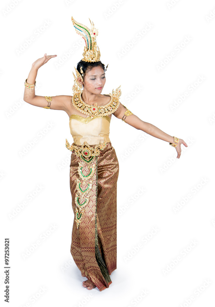 Thai woman in traditional costume dancing on white background
