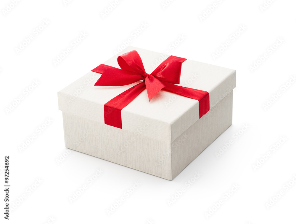 White gift box with red bow isolated on white background - Clipping path included White gift box with red bow isolated on white background - Clipping path included
