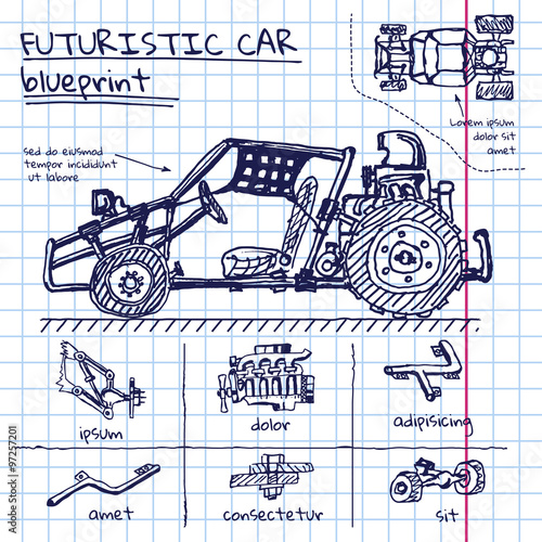 Vector doodle futuristic car scheme in exercise book