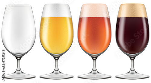 Elegant craft beer glass in four versions for lager, ember ale and stout with an empty one also included. Photo-realistic vector.