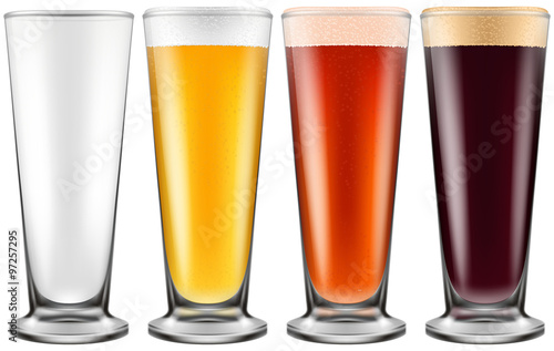 Beer glass in four color schemes for empty glass, lager beer, amber ale and stout. Photo-realistic vector illustration.