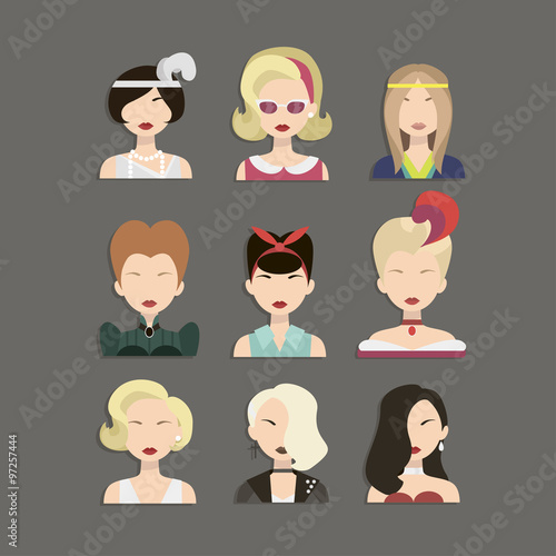 Vector illustration of young beautiful women icons from different times