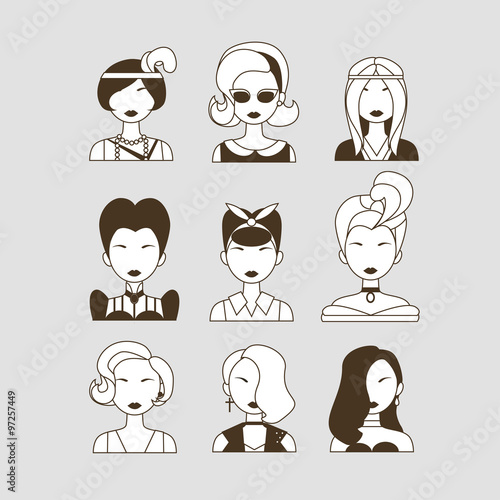Vector illustration of young beautiful women from different times