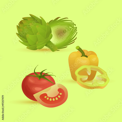 Isolated vegetablase - peppers, artichokes, tomato. Vector illustration