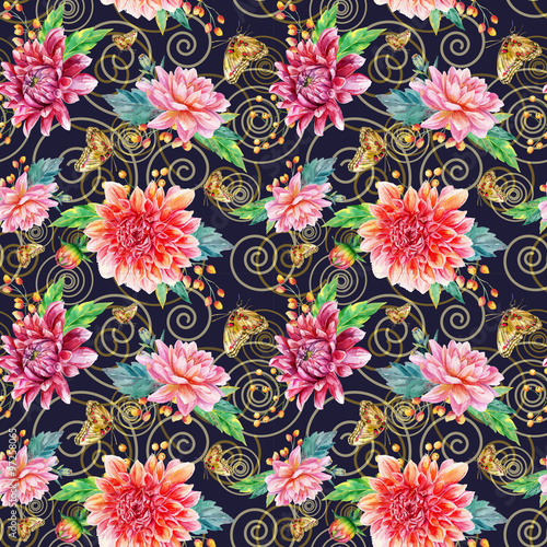 Seamless pattern with red dahlia.