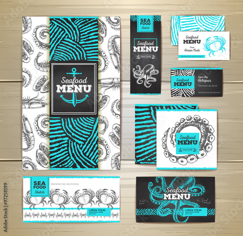 Seafood menu design. Corporate identity. Document template