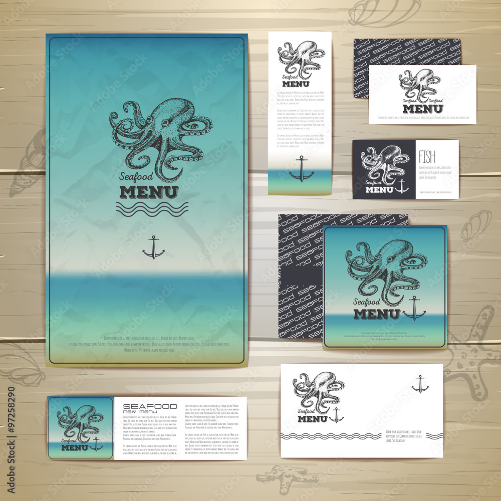 Fototapeta premium Seafood menu design. Corporate identity. Document template