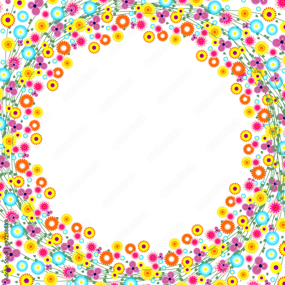 Floral Frame. Vector background. Colorful flowers arranged in a shape of the wreath.
