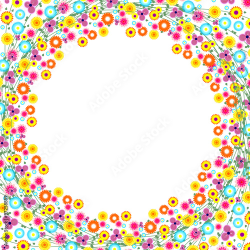 Floral Frame. Vector background. Colorful flowers arranged in a shape of the wreath.