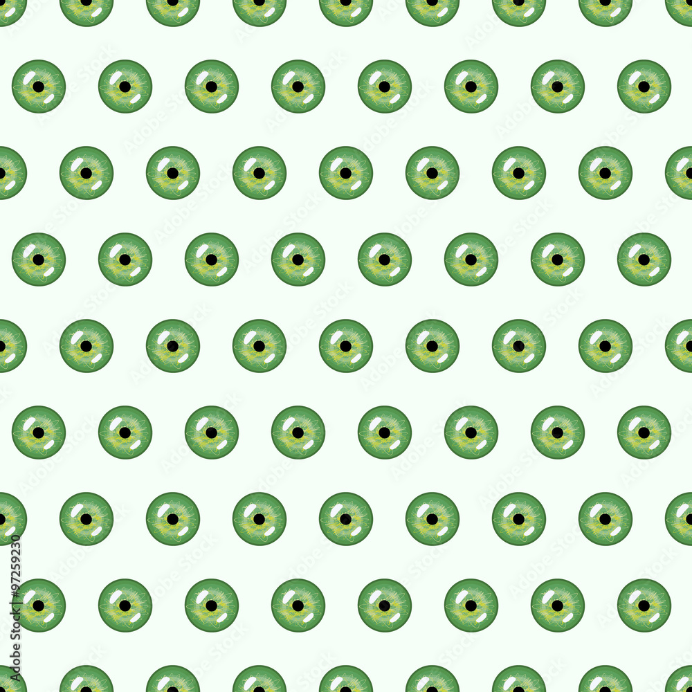 Seamless abstract vector pattern, bright symmetrical background with green pupils of the eyes over light backdrop