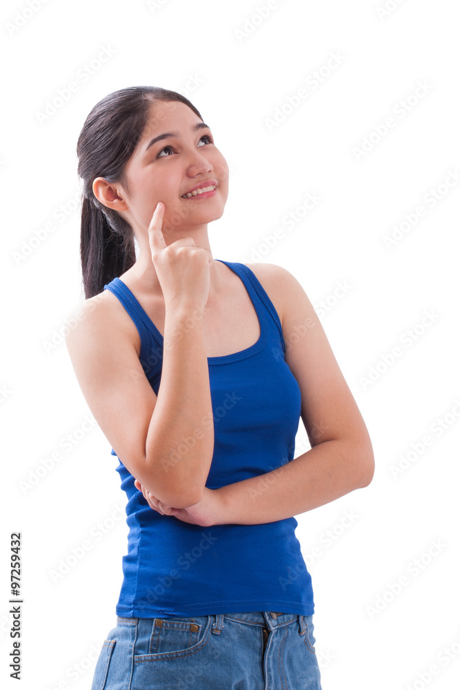 Beautiful young woman thinking and looking up on white background Beautiful young woman thinking and looking up on white background