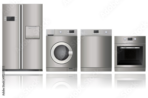 Home appliances. Set of household kitchen technics: electric Oven, Dishwasher, refrigerator, washing machine.