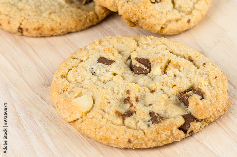 Chocolate chip cookies on wooden table. Chocolate chip cookies on wooden table.