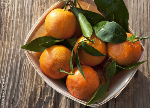 Frische Mandarinen, Clementinen im Spankorb auf Treibholz / Holzbrett