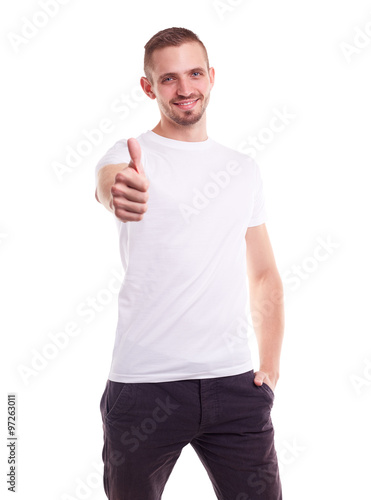 Happy man makes a gesture thumb up