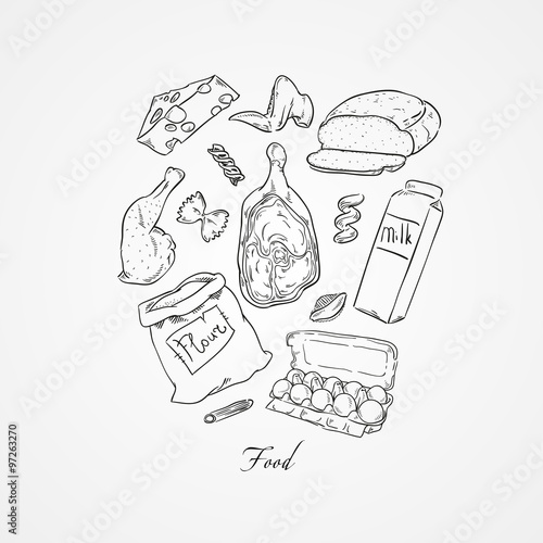 Collection of food and products that we buy or eat every day.  Hand drawn vector illustration.