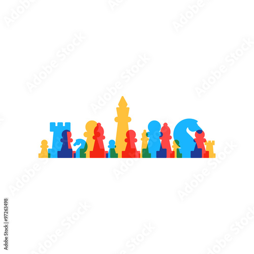 Colorful chess pieces, chess club or school, competition or strategy concept. Cover template.