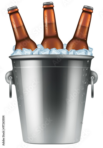 Ice bucket with three bottles of beer. Photo-realistic vector illustration.