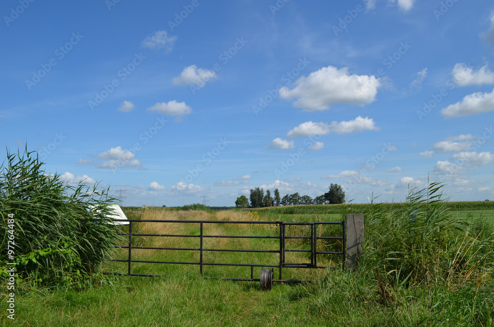 Gate on grassy path in Dutch polder, Breda