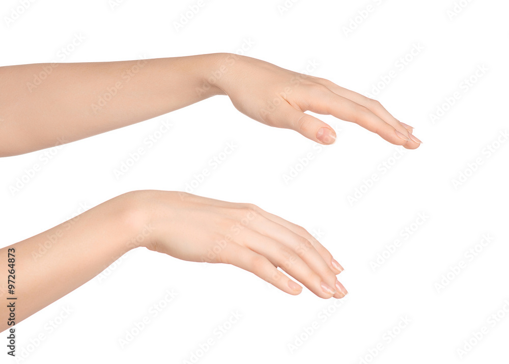 Beauty and Health theme: beautiful elegant female hand show gesture on an isolated white background in studio