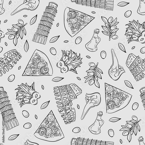 Seamless texture with Italy icons doodle hand drawn vector illustration