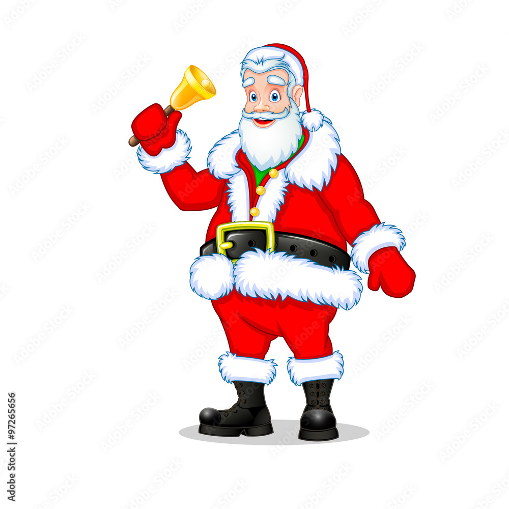 Santa Claus standing on a white background and rings the Christmas bell Santa Claus standing on a white background and rings the Christmas bell