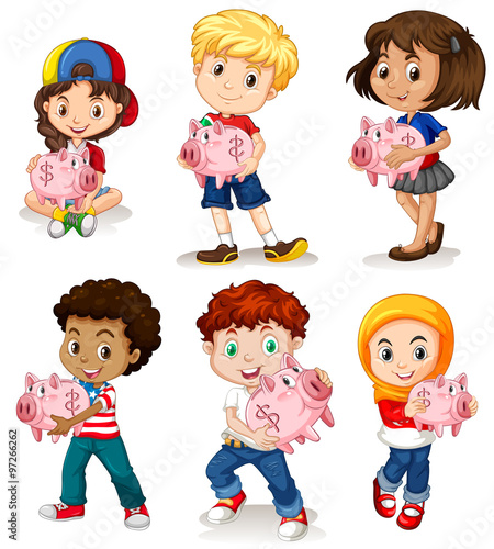 Boys and girls holding piggy bank