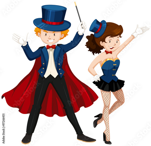 Magician and his assistant in blue outfit