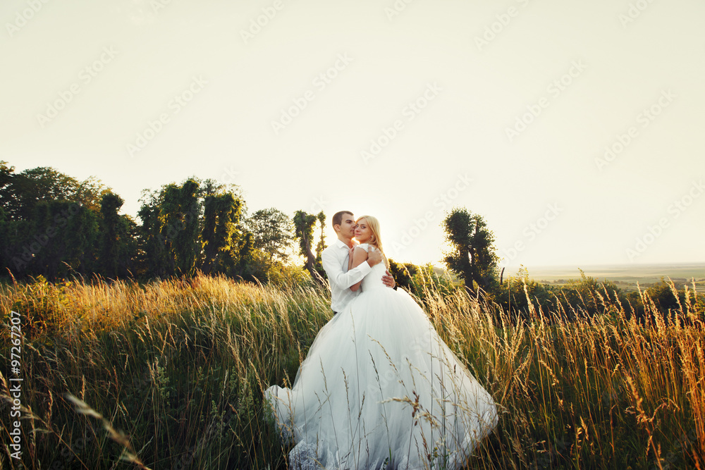 Cute romantic wedding couple, bride and groom, hugging in rye field at sunset
