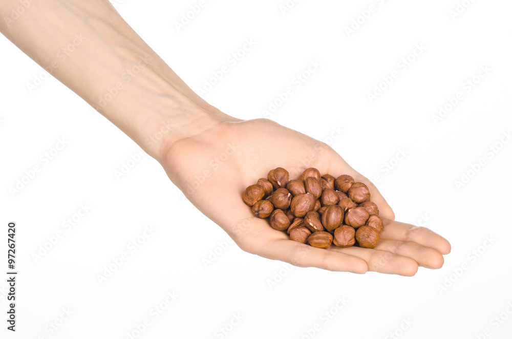 Nuts and cooking theme: man's hand holding a peeled hazelnuts isolated on a white background in studio Nuts and cooking theme: man's hand holding a peeled hazelnuts isolated on a white background in studio