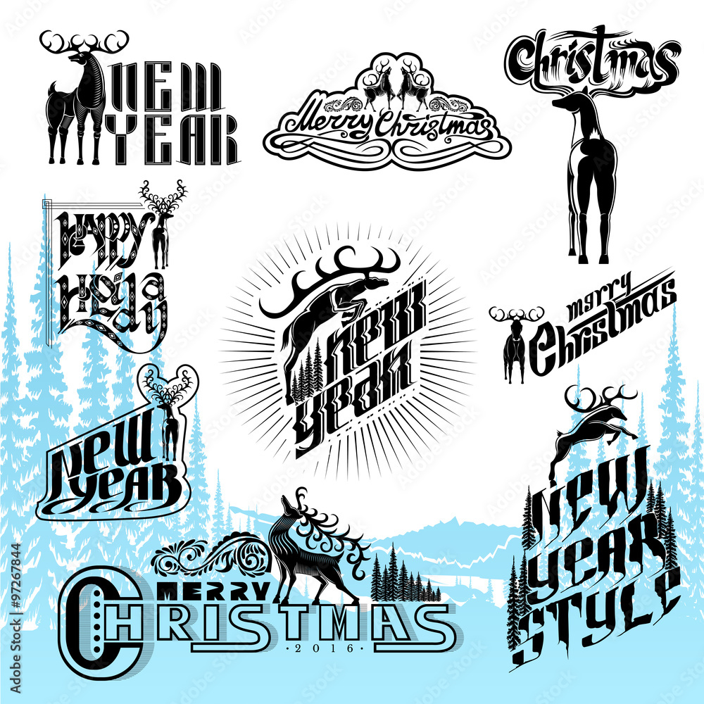 Fototapeta premium set of new year and christmas different letterings with deers