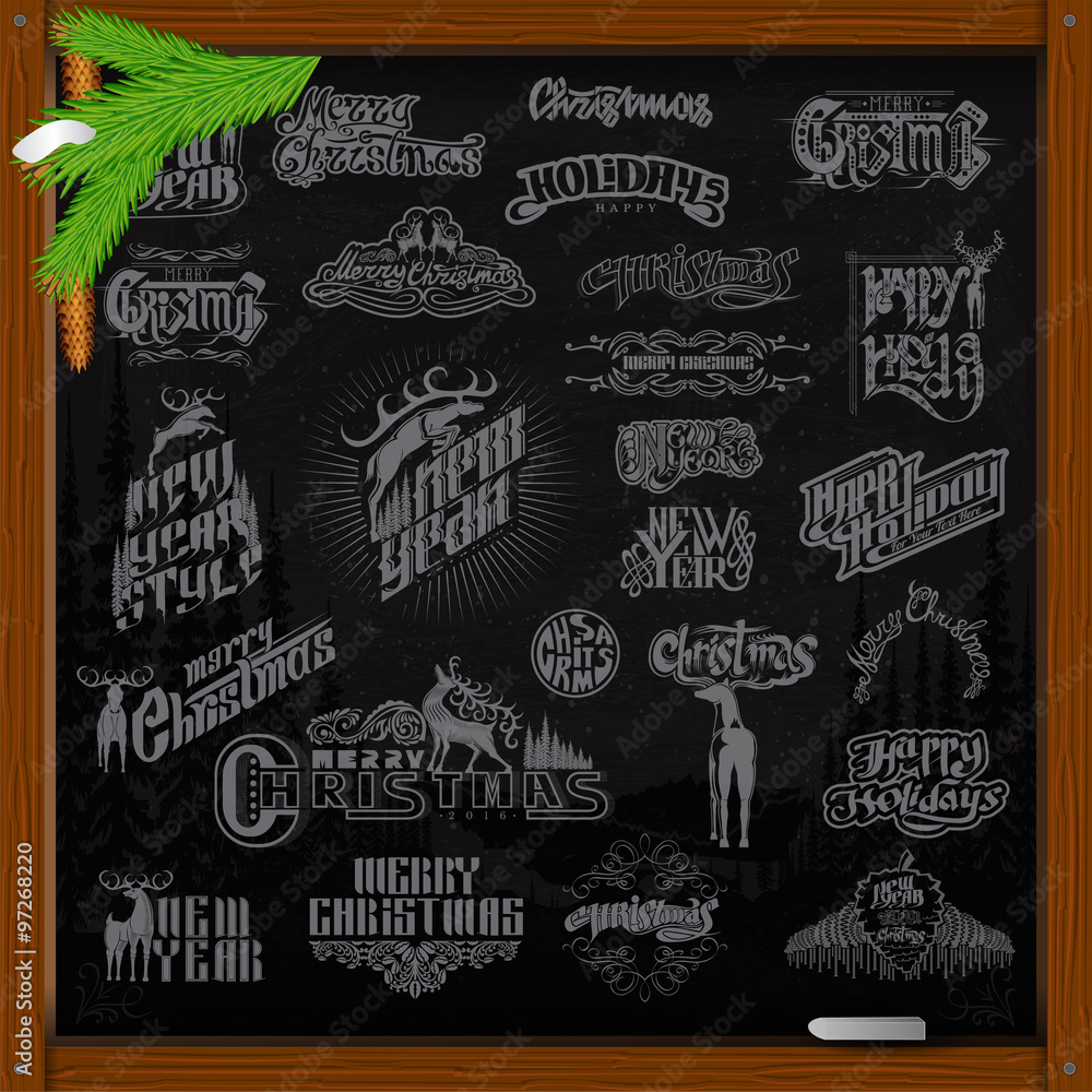 Big set of Christmas and new year ellements. lettering with deer on black chalkboard