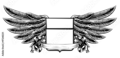 Woodcut winged shield banner