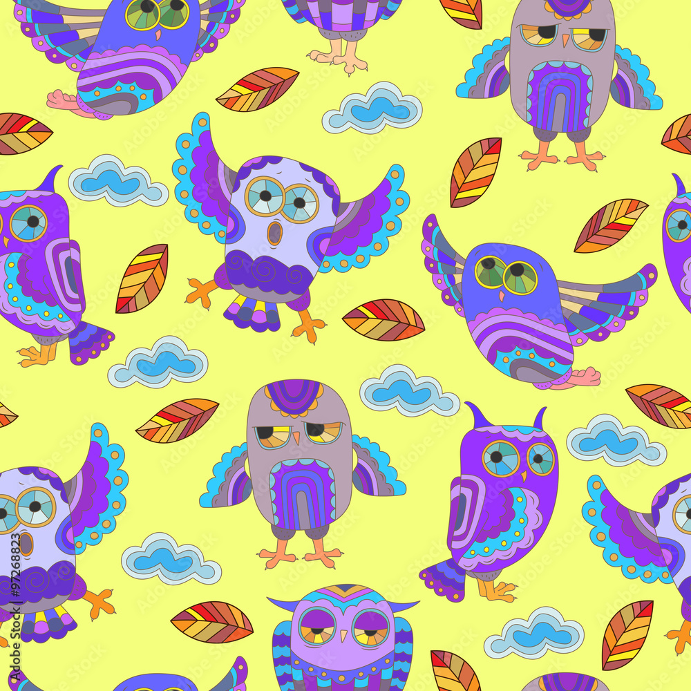 Fototapeta premium Seamless pattern with cute owls, autumn leaves and clouds on a yellow background