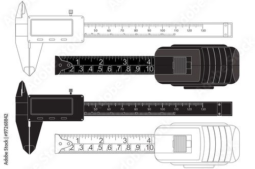 Vernier caliper, digital electronic tool. Roulette measure.