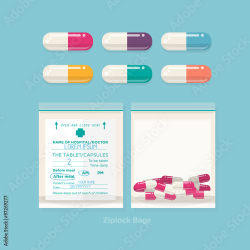 Colourful pills and plastic bags. medicine - vector