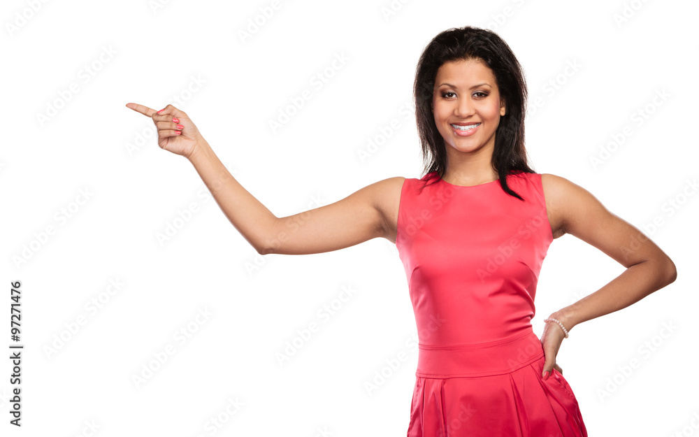 Pretty woman pointing at empty blank copy space. Pretty woman pointing at empty blank copy space.