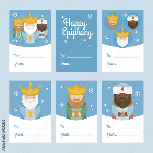 Collection of 6 Christmas card templates. Vector illustration. Template for Greeting Scrap booking, Congratulations, Invitations. Blue. Happy Epiphany