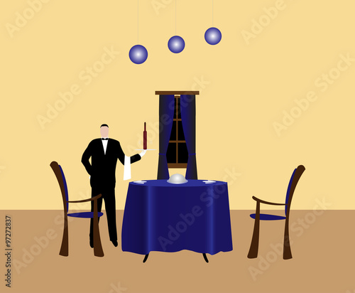 restaurant dark blue background with a waiter
