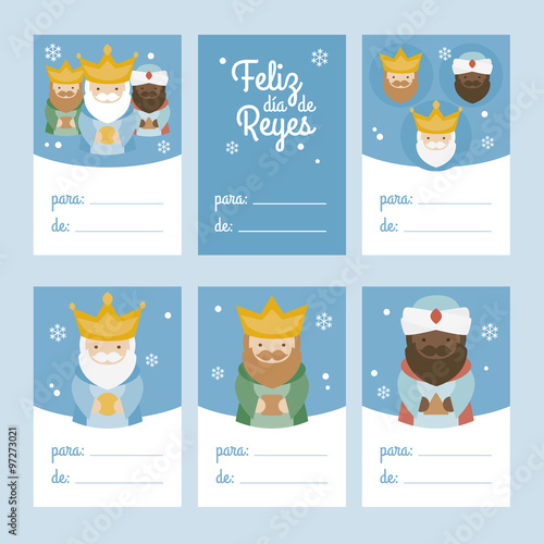 Collection of 6 Christmas card templates. Vector illustration. Template for Greeting Scrap booking, Congratulations, Invitations. Blue. Happy Epiphany written in Spanish
