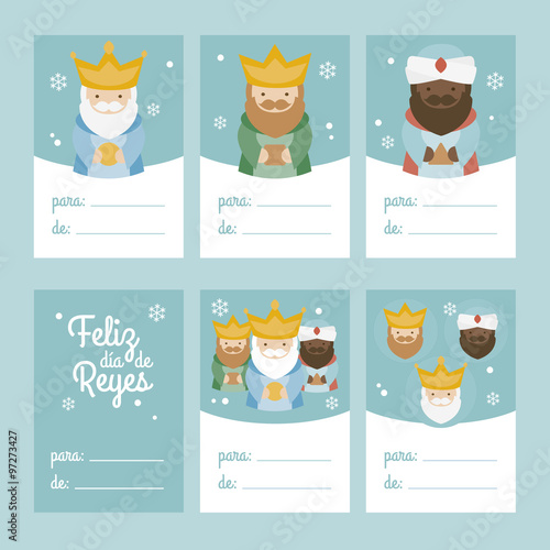 Collection of 6 Christmas card templates. Vector illustration. Template for Greeting Scrap booking, Congratulations, Invitations. Green. Happy Epiphany written in Spanish
