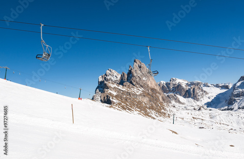 Skiing area in the Dolomites Alps. Overlooking the Sella group in Val Gardena. Italy