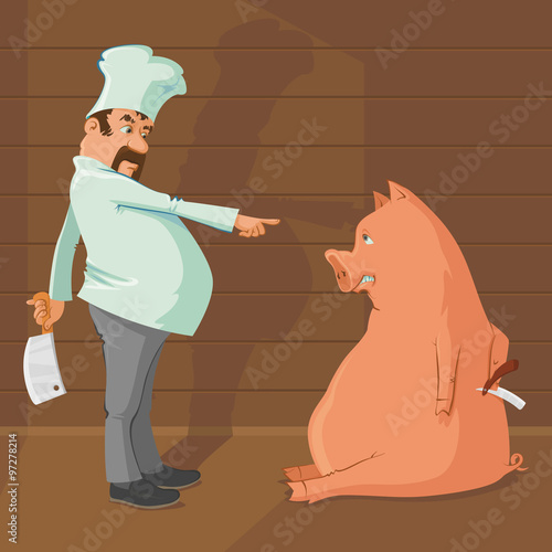 Butcher holding meat cleaver knife and pig with folding razor. Pig is not going to give up