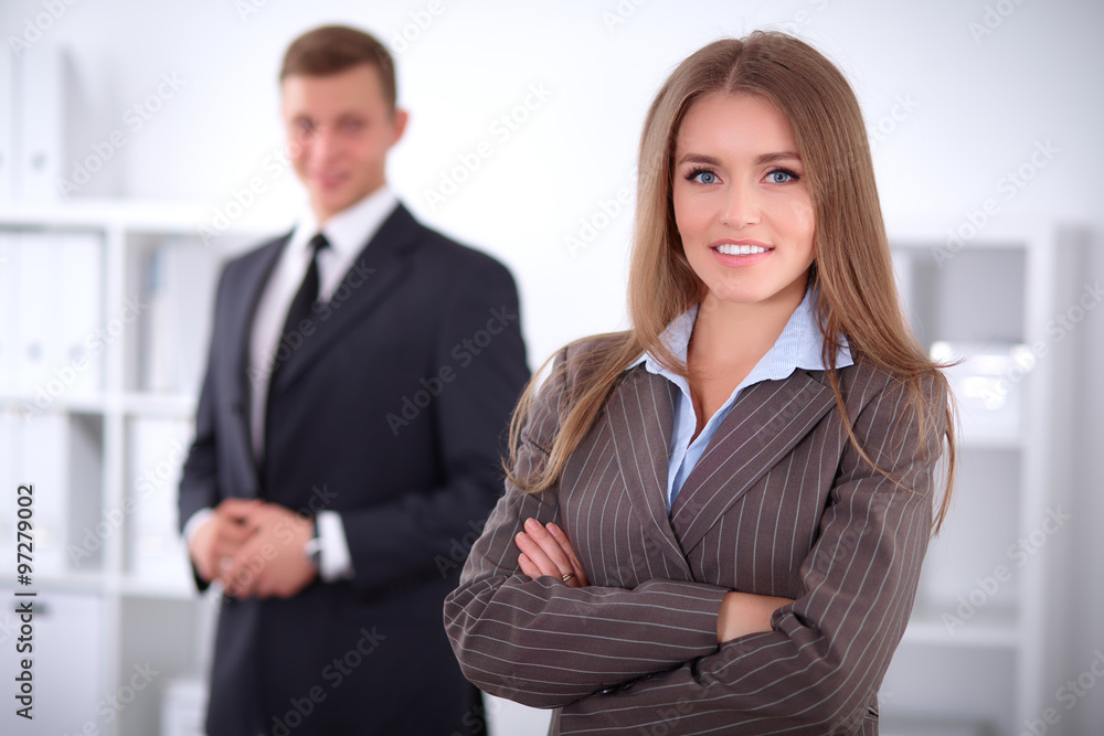Face of beautiful business woman on the background of business people Face of beautiful business woman on the background of business people
