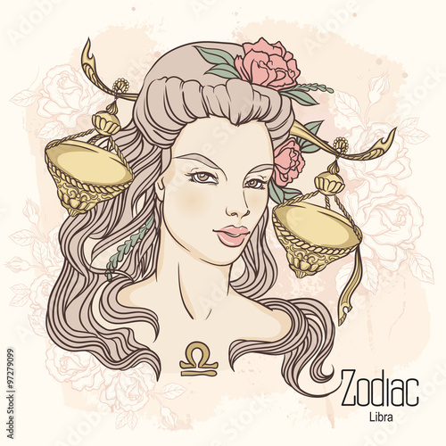 Zodiac. Vector illustration of Libra as girl with flowers. 