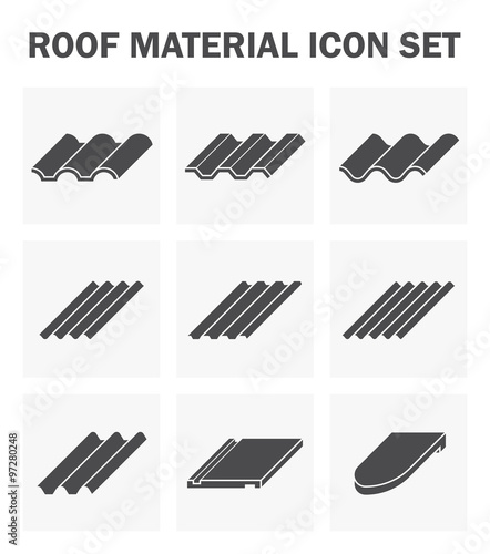 Roof tile or roof sheet icon many shape, texture and pattern i.e. wave, wavy etc. Made from clay, metal, ceramic, terracotta, steel and shingle. For cover rooftop of house. Vector silhouette icon.