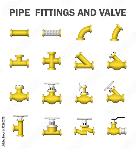 Pipe icon and flange fitting. Include control valve and metal hose or flexible metal. For pipeline construction to transportation liquid or gas i.e. oil, natural gas. Also for plumbing and irrigation.