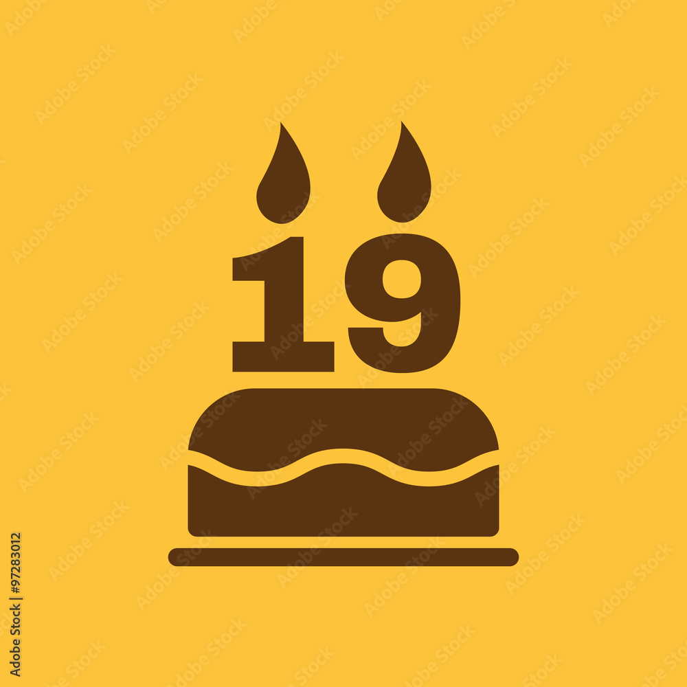 The birthday cake with candles in the form of number 19 icon. Birthday symbol. Flat The birthday cake with candles in the form of number 19 icon. Birthday symbol. Flat