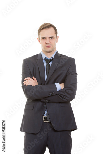 body language. man in business suit isolated white background. Training managers. sales agents.  gesture of arms and hands.  standard gesture crossed arms