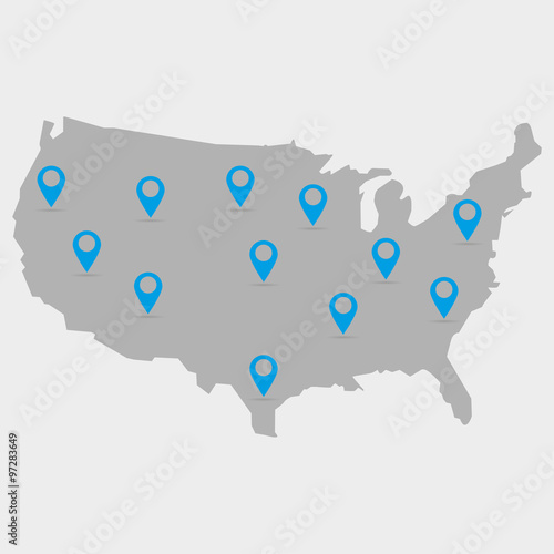 Map of the USA in gray on a white background with markers